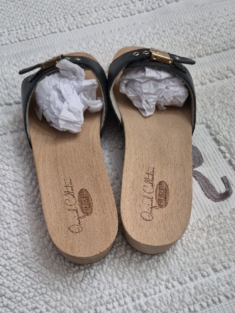 ORIGINAL COLLECTION/ DR. SCHOLLS Blue Leather Slide Sandals Gold Buckle 10 - Picture 12 of 12